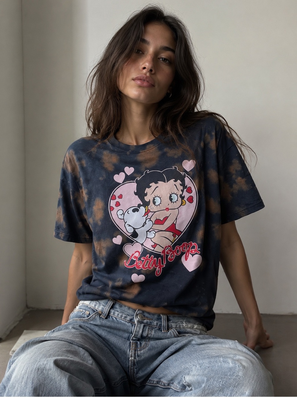 Betty Boop Bleach Tie Dye Graphic Y2K Tee 100% Cotton Size M